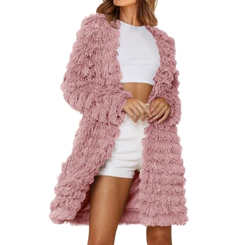 L9WEI Abrigo de piel de longitud media elegante para mujer, abrigo de piel sintética de invierno, chaqueta de piel sintética, manga larga, cálido, largo hasta la rodilla, cárdigan de moda, Rosa., XXL