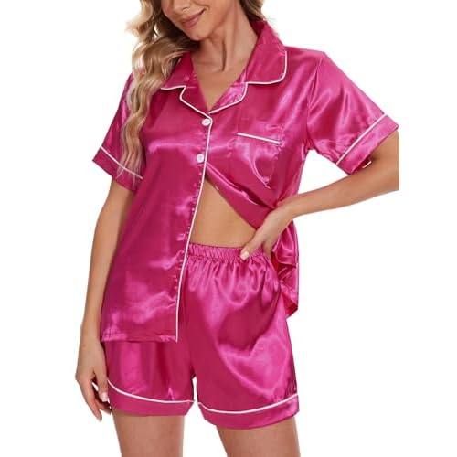 VENTELAN Women's Pajama Set Plus Size Super-Soft Short Sleeve Top With Shorts Two-piece Pjs Set Small Rose Red