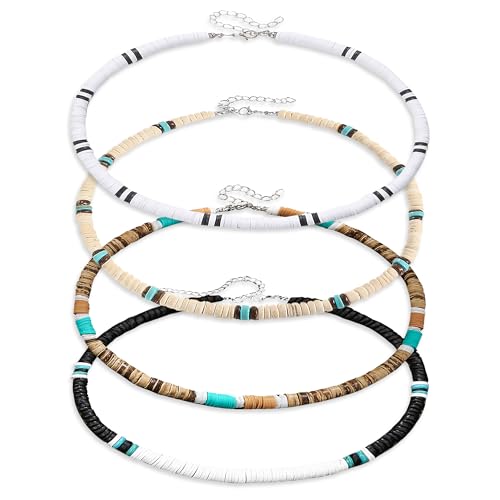 ORNAROVI 4 Pcs Puka Shell Necklace for Men Summer Beach Necklace for Women and Men Brown Coconut Shell Beaded Necklace Mens Surfer Necklace Choker Hawaiian Necklace for Men Women (17.7 Inches)