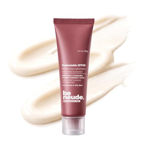 Image of Be Neude Sunbeatable 15ml Gel Creme Sunscreen SPF 50 PA++++ with 3 SPF Boosters & Molecular Milk, Complete UVA+UVB Protection with No White Cast, Oily Skin Friendly