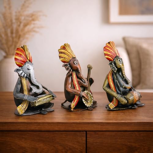 Image of CraftVatika Metal Ganesha Playing Musical Instruments Set of 3, Handcrafted Ganesha Playing Dholak Harmonium Sitar Showpiece for Living Room Tabletop Home Decor Items, Ganesh Musical Showpiece