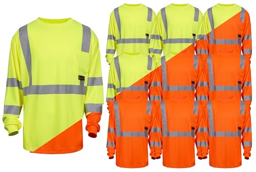 OrangeGear® Class 3 Long Sleeve High Visibility Reflective Moisture Wicking T-Shirt (5 Pack) (US, Alpha, 4X-Large, Regular, Regular, Lime)