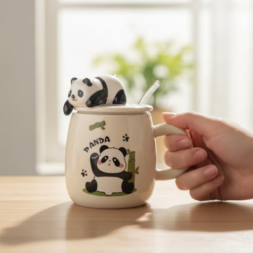 Image of ZAICUS Cute Panda Ceramic Coffee Mug with Lid & Spoon - Tea Cup for Kids & Adults, Milk Mug for Home & Office, Gift for Kids Girls Boys - 450ML