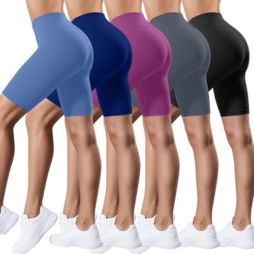Coume 5 Pack Biker Shorts for Women 8 Inch High Waisted Tummy Control Spandex Yoga Workout Shorts Running Athletic Gym
