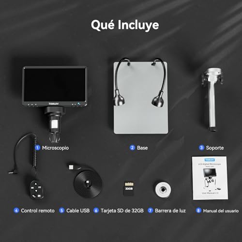 TOMLOV DM9 7" LCD Microscopio Digital 1080P, Cámara de Magnificación 1200X para Piezas con Pantalla HD, 12MP Enfoque de Ultra Precisión, Soporte Metálico, Luz LED, Compatible PC/Windows/Mac OS, 32GB