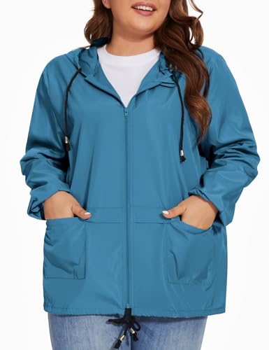Women Plus Size Raincoat Lightweight Waterproof Windbreaker Packable Outdoor Hooded Rain Jacket3