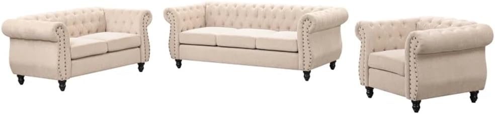 3-Piece Sofa Set,Upholstered Sofa with Solid Wood Legs,Button-Down Tufted Backrest