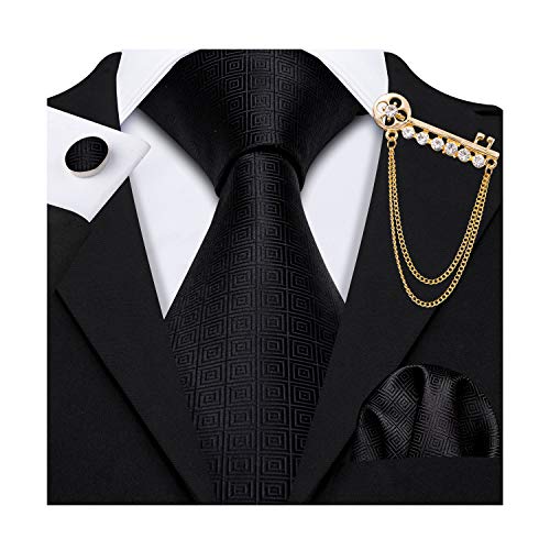 Image of Barry.Wang Plaid Ties for Men Silk Necktie Handkerchief Cuff Links Set