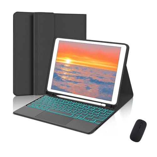 Luopan タブレットケースとカバー, バックライト付きタッチキーボード、iPad 10.2インチ第7世代/第8世代/第9世代対応PU+TPUレザーケース(Black+Keyboard+Mouse)