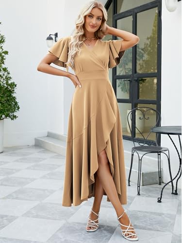 Image of Long Black Formal Dresses for Women Gowns Evening Party Cocktail Dress,Split Elegant V Neck Wrap Ruffle Wedding Guest Dresses