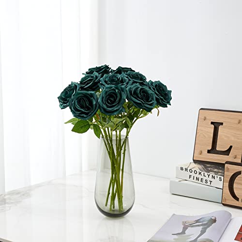 Iuknot Artificial Rose 10Pcs Open Flower Bouquet Faux Rose Stems For Wedding Arrangement, Bridal Bouquet, Centerpiece, Fake Faux Silk Flowers (Emerald Green) #TOP1
