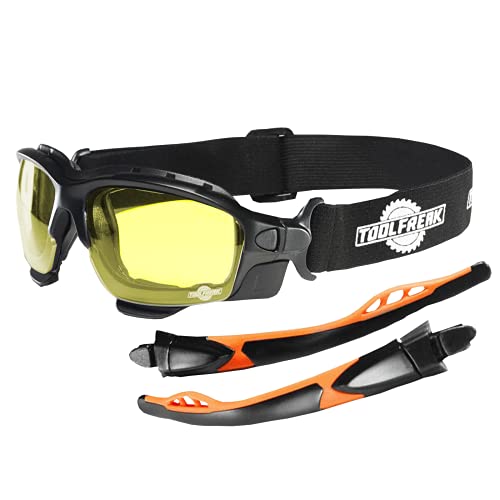 ToolFreak Spoggles Safety Glasses HD Yellow Polycarbonate Lens, Impact Protection, Foam Padded, ANSI Z87 Rated, Head Strap and Carry Pouch