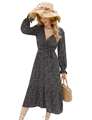KOJOOIN Damen Elegant Kleider V-Ausschnitt Boho Langarm Kleider Lange...