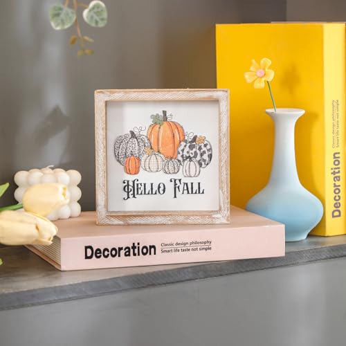 Image of Embossed Pumpkin Sign, Farmhouse Autumn Decorations, Wooden Fall Tiered Tray Decor for Shelf Cubicle Desk Mantel, Rustic Thanksgiving Table Decor