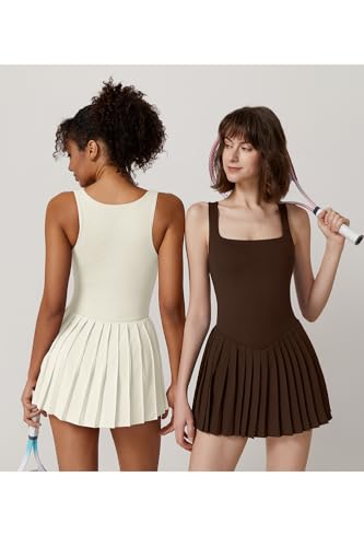 Image of QINSEN Womens Square Neck Tennis Dress Pleated Sleeveless Built in Shorts Golf Athletic Dress with Pockets