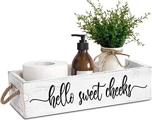 PZJIEAN Funny 2 Sides Hello Sweet Cheeks White Bathroom Decor Box with Handle Farmhouse Bathroom Decor Box for Toilet Paper Back of Toilet Organizer
