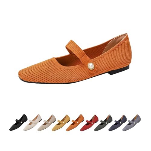 Knit Flats for Women Square Toe Ballet Flats with Strap Washable Women Dressy Ballet Mary Jane Shoes Arch Support