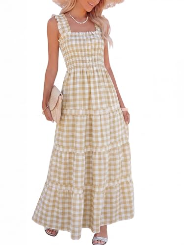 Image of Caracilia Womens Summer Maxi Dresses Floral Smocked Sleeveless Ruffle Boho Casual Flowy Aline Beach Vacation Long Sundress