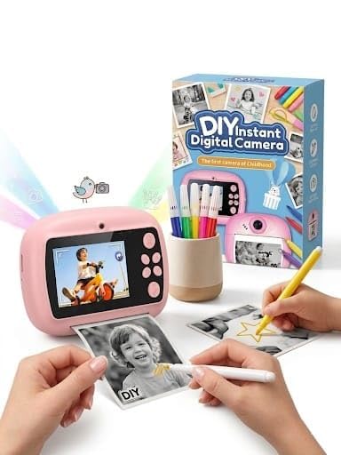 auslese® pink kids camera with instant photo printer wireless connectivity, thermal paper printing, memory card support, photo & video, wrist strap included