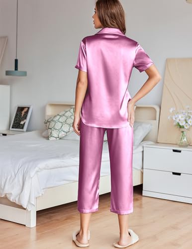 Image of Ekouaer Womens Satin Pajamas Silk Capri Pjs 2 Piece Lounge Sets Short Sleeve Button Down Sleepwear