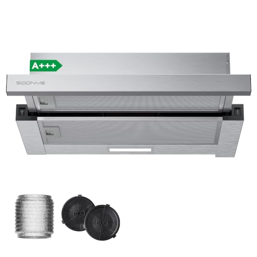 Soonye A+++ Flachschirmhaube Dunstabzugshaube 60cm Flachschirmhaube Abluft/Umluft mit Aktivkohlefilter 370 m/h Luftstrom LED-Beleuchtung Flach Abzugshaube 58dB