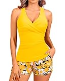 Women Yellow Flowers Tankini Swimsuits with Shorts - Two Piece Tummy Control Bathing Suits Top with Two Pockets Bottom Swimwear L