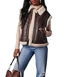 Sexyshine Women's Faux Leather Shearing Sherpa Vest Sleeveless Zip Up Fleece Lined Jacket Coat with Pockets(26037CT,L)