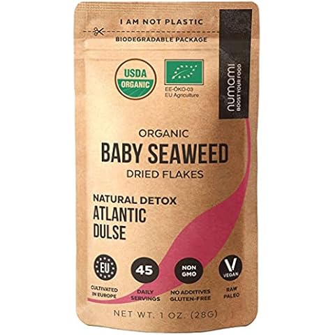 Organic Atlantic Dulse Flakes Young Seaweed Grown in North Atlantic, Vacuum Dried Premium Quality. Soft Texture & Mild Taste. Add 1 tsp to your dish for daily vitamins/minerals. 45 Servings (1 Oz) Cover