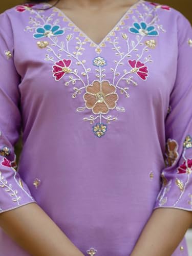 Image of VredeVogel Women's Beads Embroidered Silk Blend Kurta Pant Set with Organza Dupatta | Perfect for Festive & Casual Ethnic Kurta Set for Women