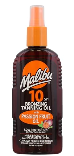 Malibu Sun SPF 10 Bronzing Tanning Oil Spray with Passion Fruit Oil, Medium Protection Tanning Spray, Hydrating Bronzing Body Oil, Tropical Scent, 200ml