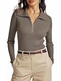 Prettywear Women's Long Sleeve V Neck Collared Work Tops Half Zip Pullover Sweaters Slim Fit Ribbed Knit Fall Shirts(Linen Grey,L)