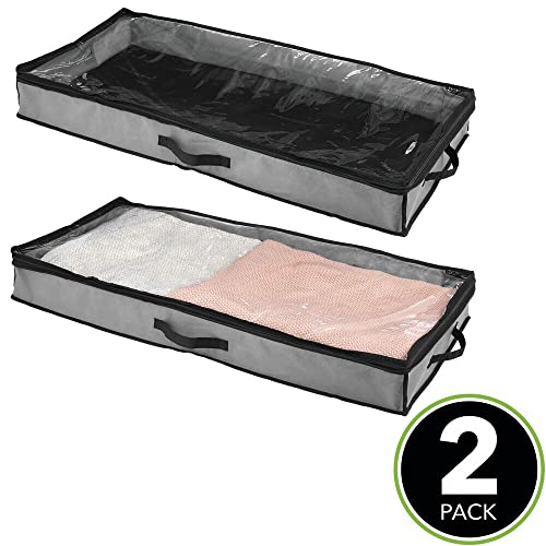 mDesign Set of 2 Under-Bed Storage Box – Fabric Storage Box with Clear Top Panel & Handles for Clothing and Accessories – Space-Saving Bedroom