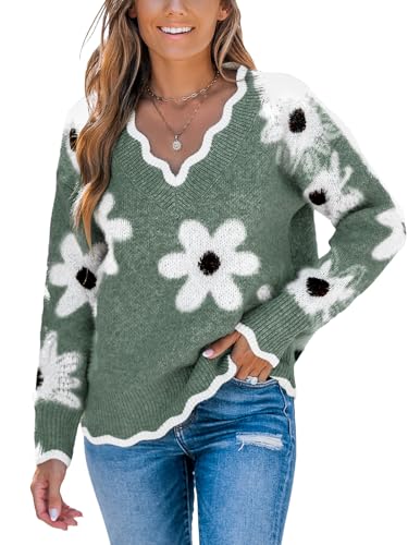 Image of CUPSHE Sweaters for Women Long Sleeve Pullover Knit Tops | Floral Scalloped V Neck Pullover Sweaters, Soft and Cozy Fabrics, Relaxed Fit, Fall Clothes, Winter Clothing, Cute Fashion