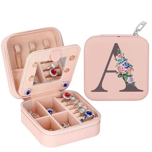 LETURE Travel Jewelry Case Small Jewelry Box Jewelry Organizer with Mirror, Unique Gifts for Women Teen Girl Mom Grandma gifts, Ring Necklace Earring Jewelry Holder Organizer Box (A)