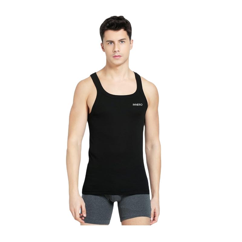 Image of INNERO Men's Black Baniyan Cotton Sleeveless Gym Vest