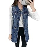 Women's Long Sleeveless Button Up Vest Big Pockets Retro Denim Vest with Tassel Ripped Jeans Jacket Navy Blue 9801 L