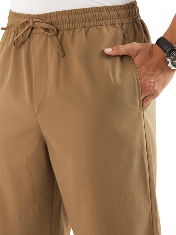 Image of SAADAA Men's 100% Cotton Pants | Mid-Rise Straight Fit Casual Trousers with Elastic Waistband and 3 Pockets | Everyday Wear