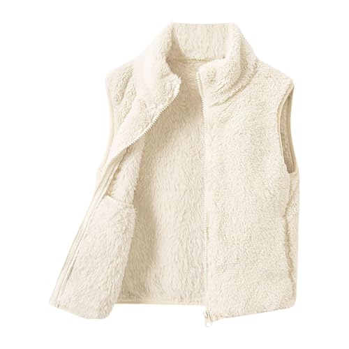 Generisch Chaleco de forro polar para niños, cuello alto, sin mangas, chaleco de peluche, monocolor, chaleco corto con cremallera, chaqueta de invierno, ropa de forro polar cálido unisex, Blanco, 6-7