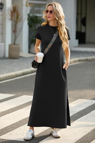GRECERELLE 2025 Women Summer Mock Neck Short Sleeve Casual Loose Split Wrinkle-Free Long Maxi Dress with Pockets4