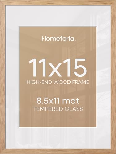 Image of Homeforia 11x15 Natural Oak Picture Frame, High-End Wood, 8.5x11 Mat, Glass | High End Solid Oak Wood, Tempered Glass, Acid-Free 8.5x11 Removable Mat, 11x15 Edge-to-Edge Display 15x11, Wall Kit, Set Of 2