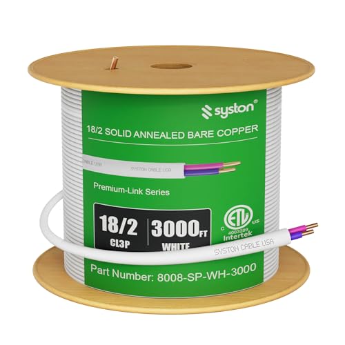 Syston Cable Technology 18/2 LED Lighting Dimmer Dimming Luminaire Control Wire Cable, 18 AWG 2 Conductors Solid Bare Copper Unshielded Plenum Rated CMP CL3P FT6, for Ballast Wiring and Connection