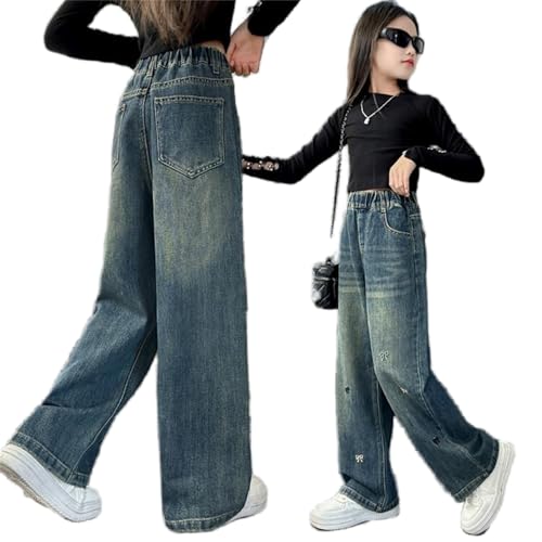 Kids Girls Casual Baggy Wide Leg Denim Pants Elastic Waist Jeans Age 5-14