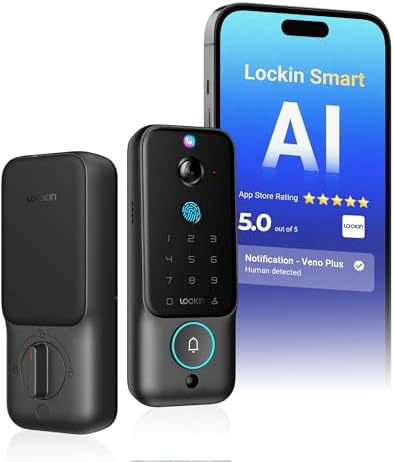Lockin Veno Plus Smart Deadbolt Lock with 2K 180° Security Camera & Video Doorbell, AI Local Storage, Palm Vein & Fingerprint Keyless Entry, Front Door Smart Lock with Built-in Wi-Fi, App Control