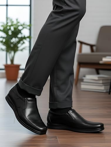 Image of Genuine Leather Formal Slip-On Shoes for Men, Black, Elastic Closure, Stylish Office Shoes