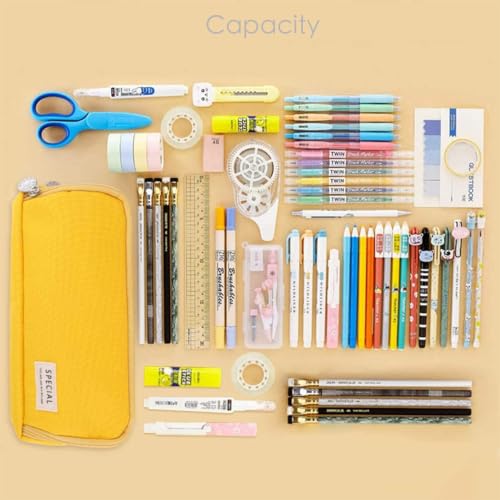 Image of Canvas School Bag Pencil Case, 3 Layer 6 Compartment Large Capacity, Aesthetic Pencil Pouch for Stationary, Cute Stationery for Kids, Pencil Case for Girls & Boys (Special Yellow)