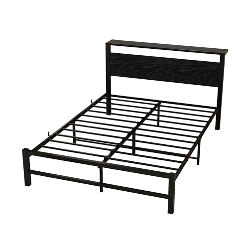 Double Bed Frame with Wooden Storage Shelf Headboard, Metal Platform Bed Frame Double, No Box Spring Needed, Noise Free, Reinforced Strong Support Leg, Textured Black&Brown Oak1 9 Double Bed Frame with Wooden Storage Shelf Headboard, Metal Platform Bed Frame Double, No Box Spring Needed, Noise Free, Reinforced Strong Support Leg, Textured Black&Brown Oak1 - Image 9