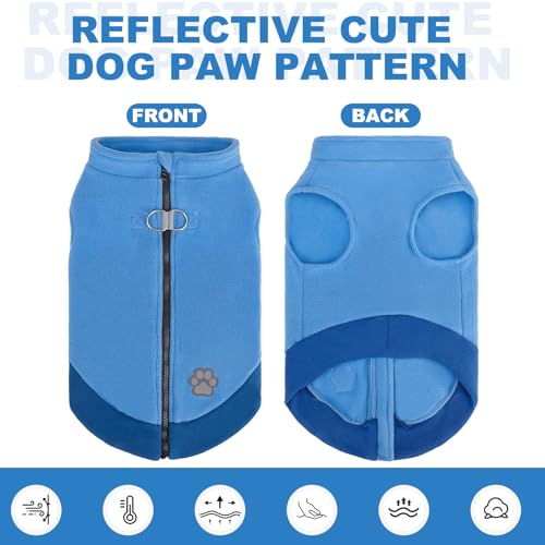 Image of Mihachi Dog Fleece Vest Sweater Zip Up Warm Pullover Step-in Dog Jacket with Dual D-Ring Leash, Winter Cold Weather Reflective Coat Clothes Hoodie for Small Medium Dogs Puppy Cat Boy Girl,Blue L
