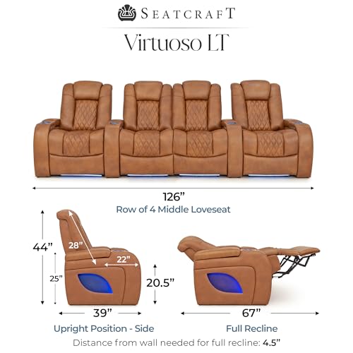 Image of Seatcraft Virtuoso LT Tawny Italian Leather Home Theater Seating, Zero Gravity Power Recliner, Heat and Massage, Powered Headrest and Lumbar Gaming and Home Office Chair, Row of 4 Right Loveseats