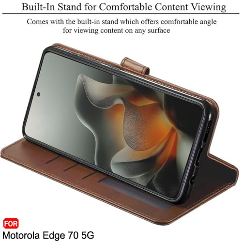 Image of TheGiftKart Flip Cover Back Case for Motorola Moto Edge 70 5G | Genuine Leather Finish | Designer Button | Inbuilt Pockets & Stand | Wallet Style Flip Case Cover for Moto Edge 70 (Faux Leather, Brown)