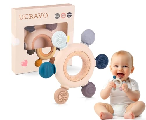Image of UCRAVO Baby Teething Toys Silicone Teethers BPA Free Silicone Rudder with Wooden Ring Soothe Babies, Infant Teething Relief, Wooden Toys, Easy to Grasp Toy for Toys, Baby Teething Ring